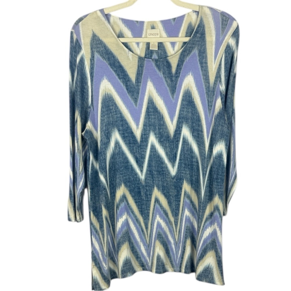 Chico's Blue Cream Lavender Bold Chevron Scoop Neck 3/4 Sleeve Medium Tunic Top